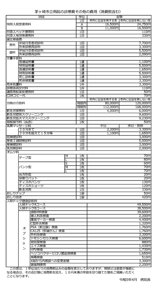 茅ヶ崎市立病院の診療費その他の費用（表）